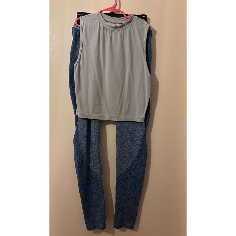 ALPHALETE Gymshark Top & Leggings Set Women's Medium Athletic Workout Gray Blue